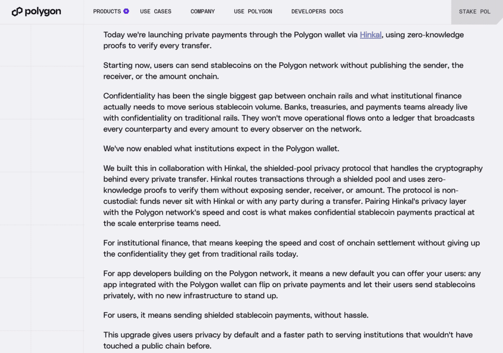 Polygon Private Payments for Institutions enables private stablecoin payments on Polygon.
