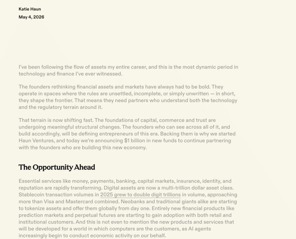 Haun Ventures $1 Billion Fund Haun Ventures $1 Billion Fund crypto investment article page.
