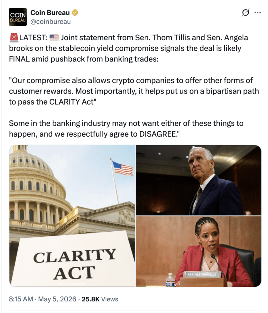 Clarity Act crypto 2026 update: Coin Bureau reports U.S. stablecoin rules and banks vs crypto tensions.