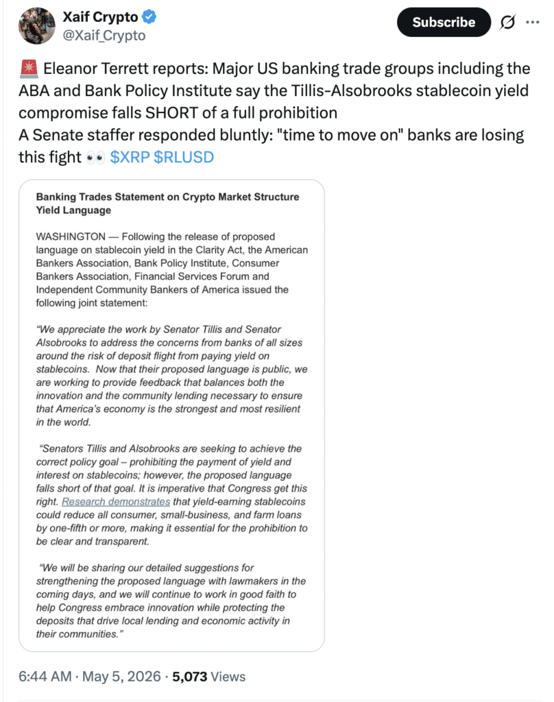 CLARITY Act crypto 2026 update: banks vs crypto tension and XRP/RLUSD mentions.