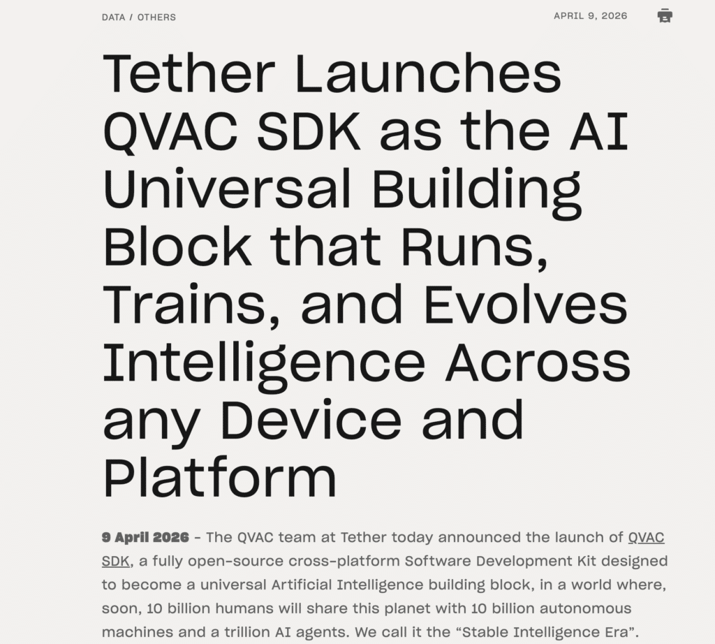Tether Decentralized AI: QVAC SDK runs and trains AI on any device without cloud reliance.
