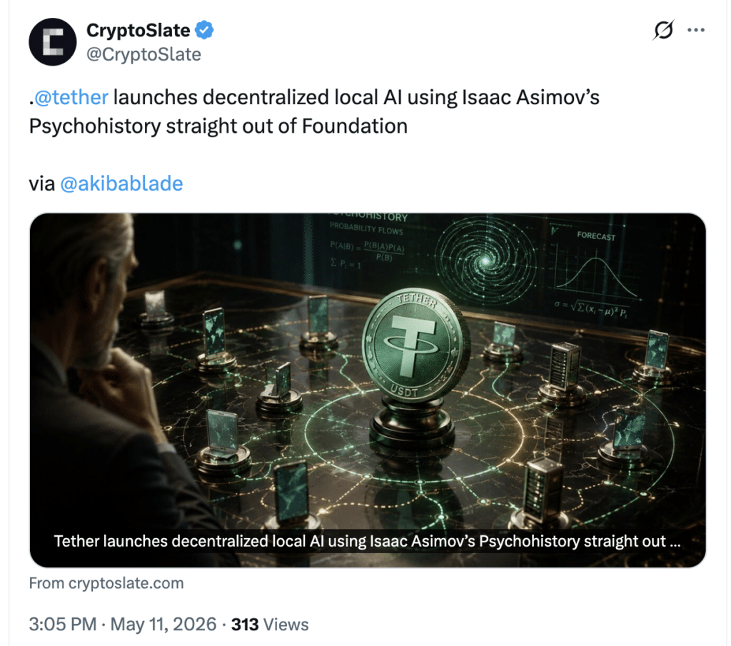 Tether announces decentralized AI launch in 2026, as shared by CryptoSlate X post