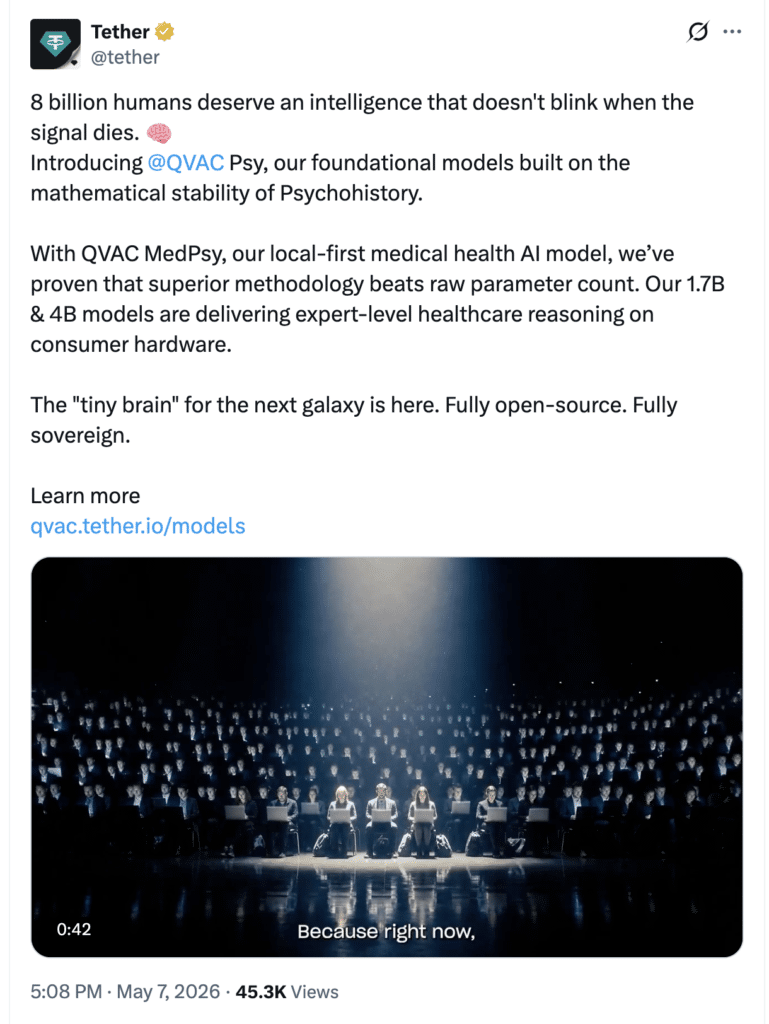 Tether X announcement
 about decentralized AI and QVAC local AI launch in 2026.