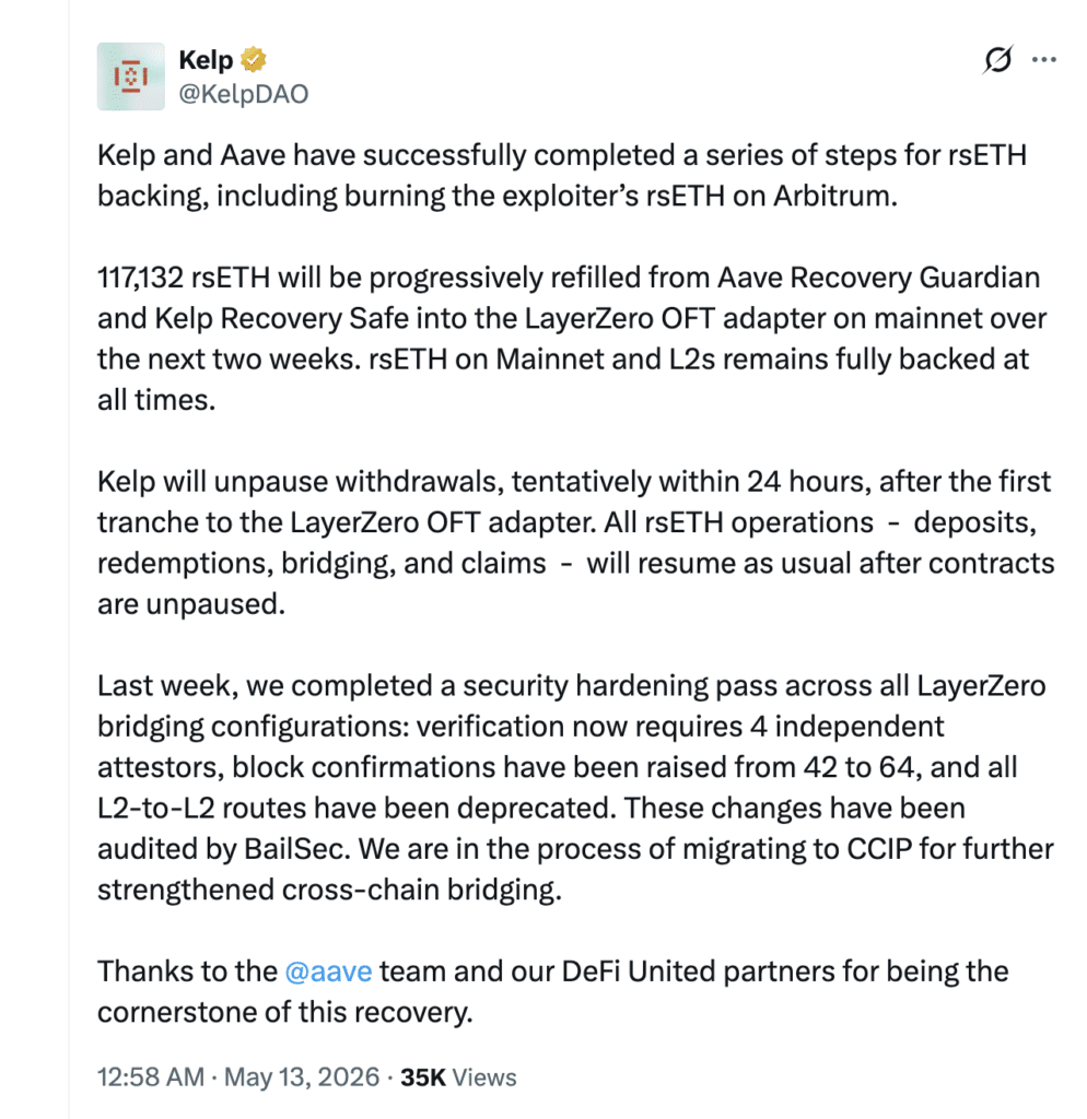 Kelp DAO Aave rsETH recovery update shows progress after $292M exploit restoration.