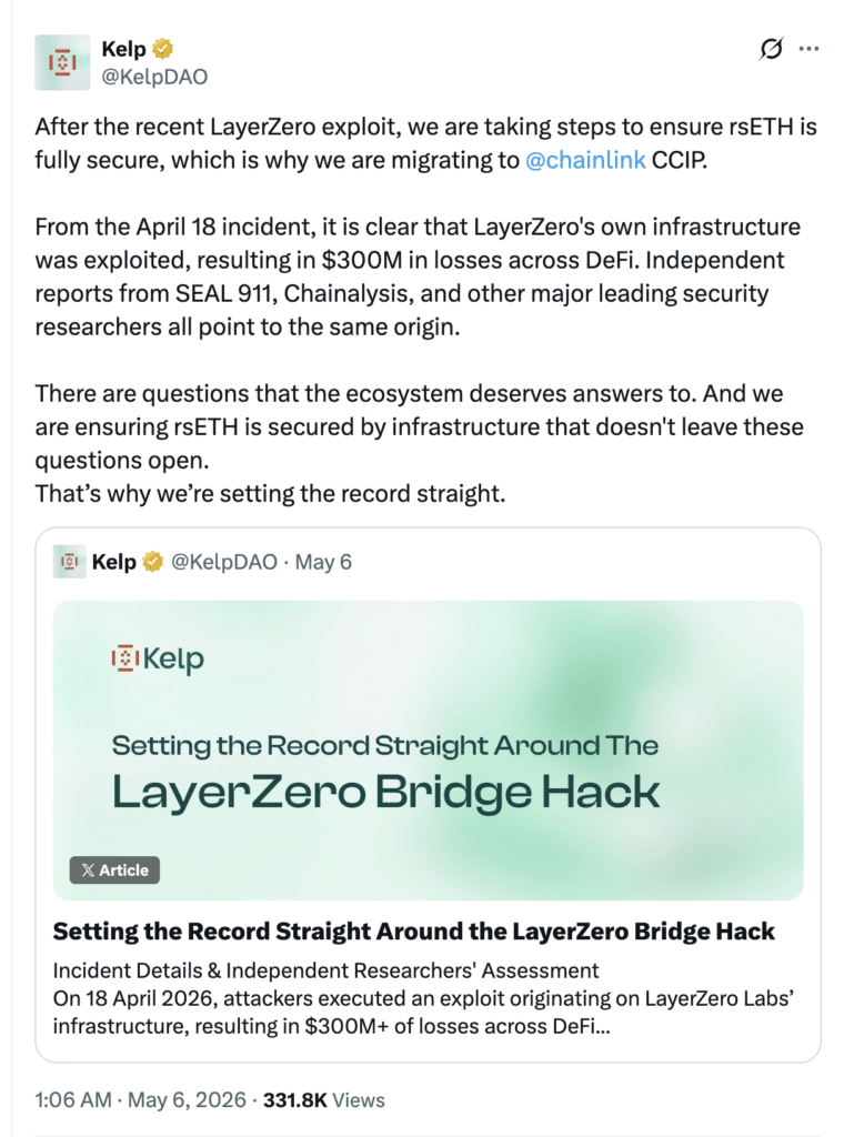 Kelp DAO Aave rsETH recovery moves rsETH to Chainlink CCIP after $292M exploit.

