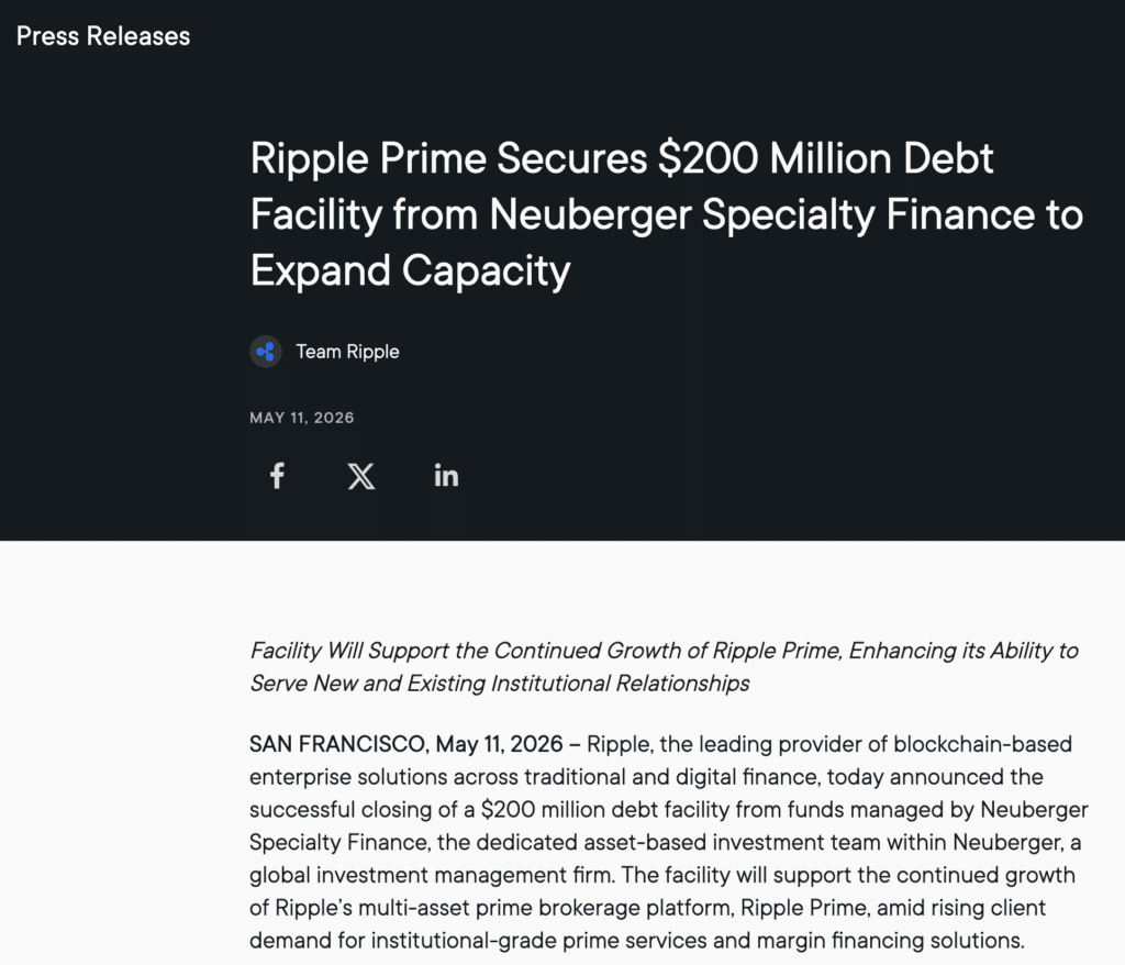 XRP Wall Street accumulation XRP Wall Street accumulation supported by Ripple Prime $200M debt facility expansion.