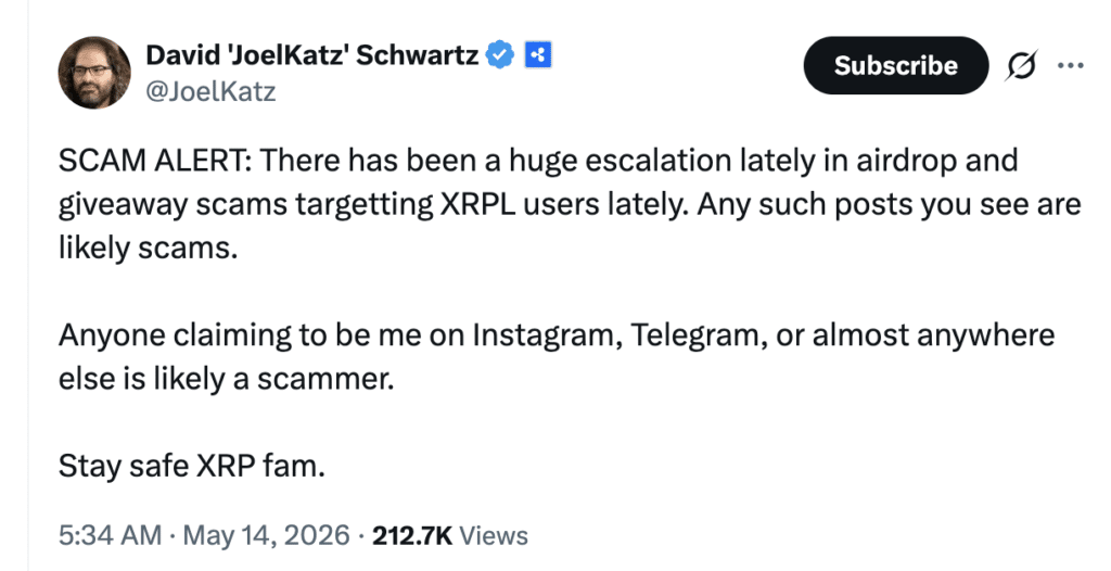 XRP Airdrop Scams warning posted by David Schwartz on X.