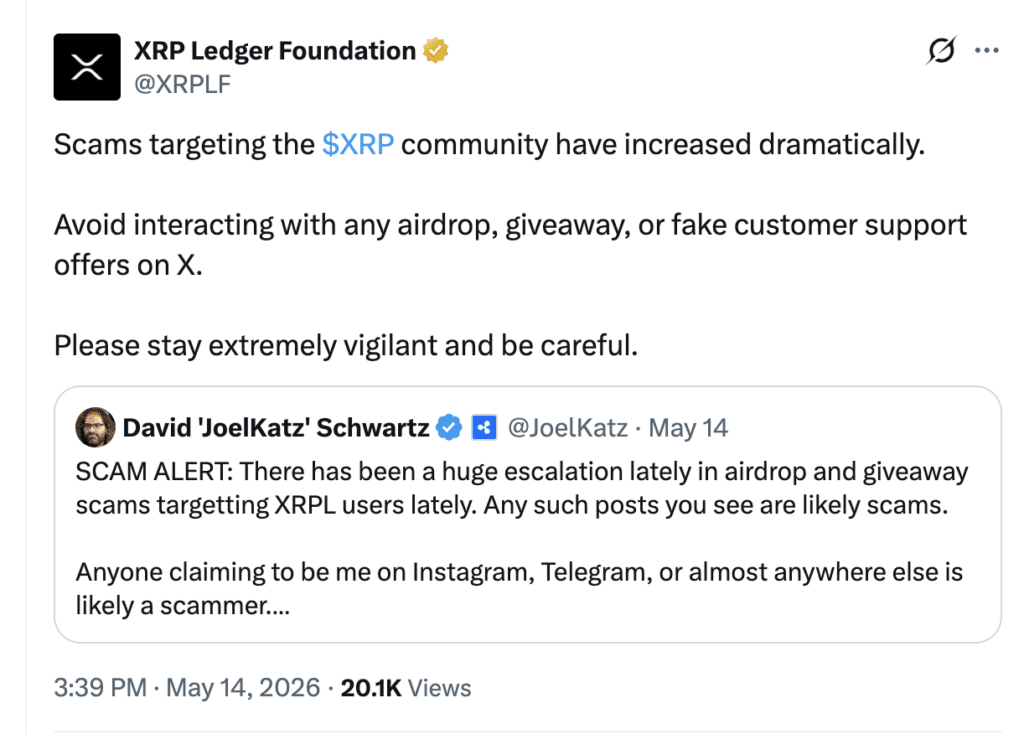XRP Airdrop Scams alert from XRPL Foundation on rising XRP phishing and fake giveaways.