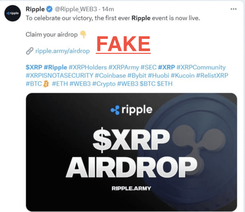 XRP Airdrop Scams warning by Ripple CTO on CryptoSlate about XRPL scams.