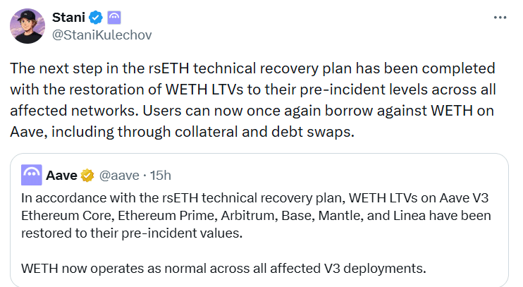 Aave Restores WETH Borrowing After Kelp DAO rsETH Exploit Recovery 2 StaniKulechov