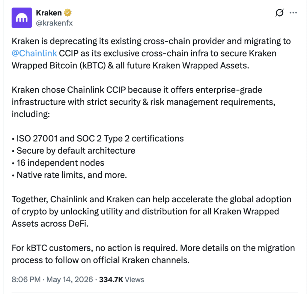 Kraken Chainlink CCIP announcement on X about migration to Chainlink CCIP.