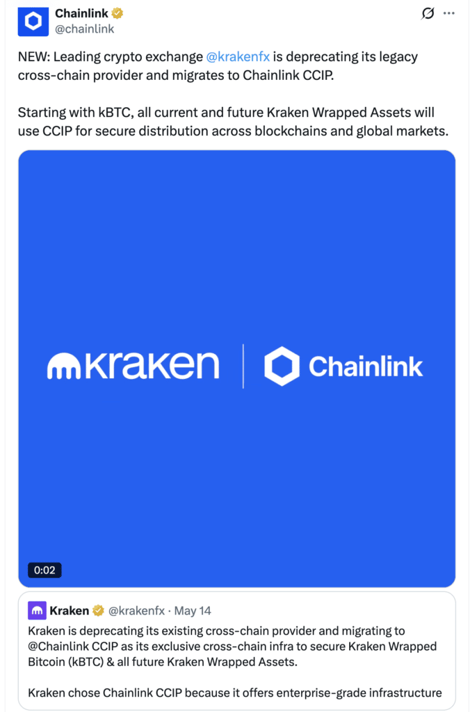 Chainlink CCIP announcement on X about cross-chain interoperability expansion.