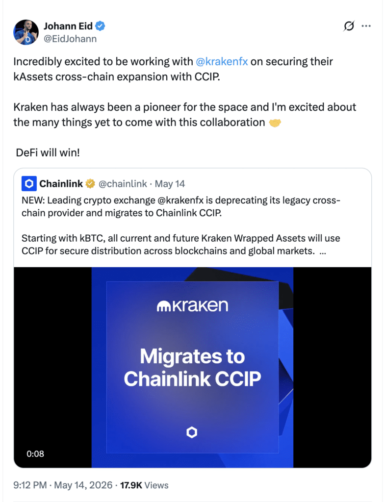 Kraken migration to Chainlink CCIP announced by Johann Eid on X.