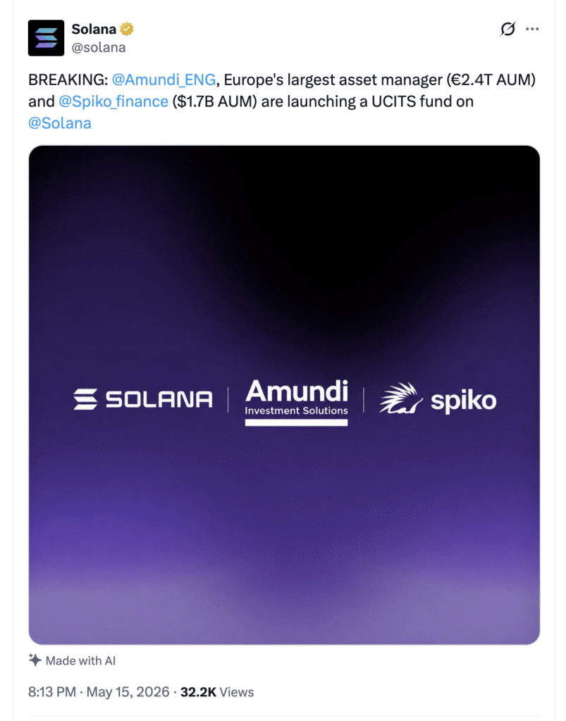 Amundi Solana UCITS Fund Amundi Solana UCITS Fund: Solana announces Amundi and Spiko Finance partnership.