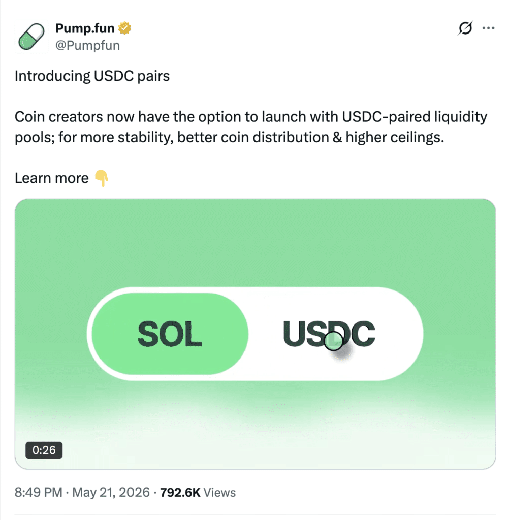 Pump.fun USDC pairs introduce stable liquidity for Solana token launches.