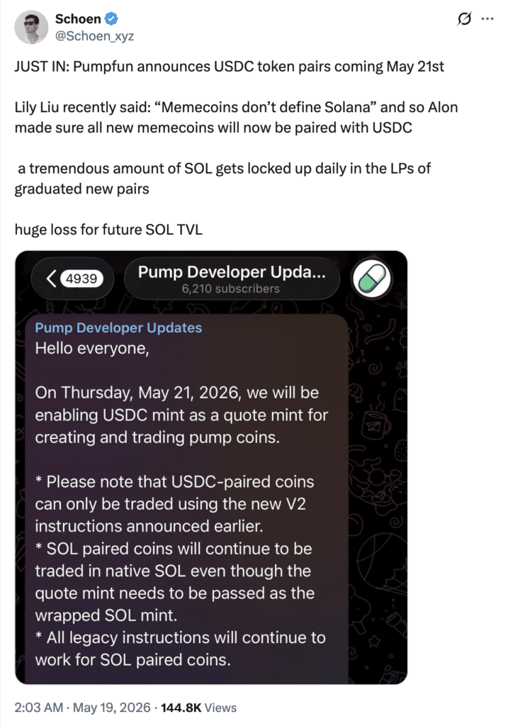 Pump.fun USDC pairs referenced in Schoen_xyz post on Solana launches.