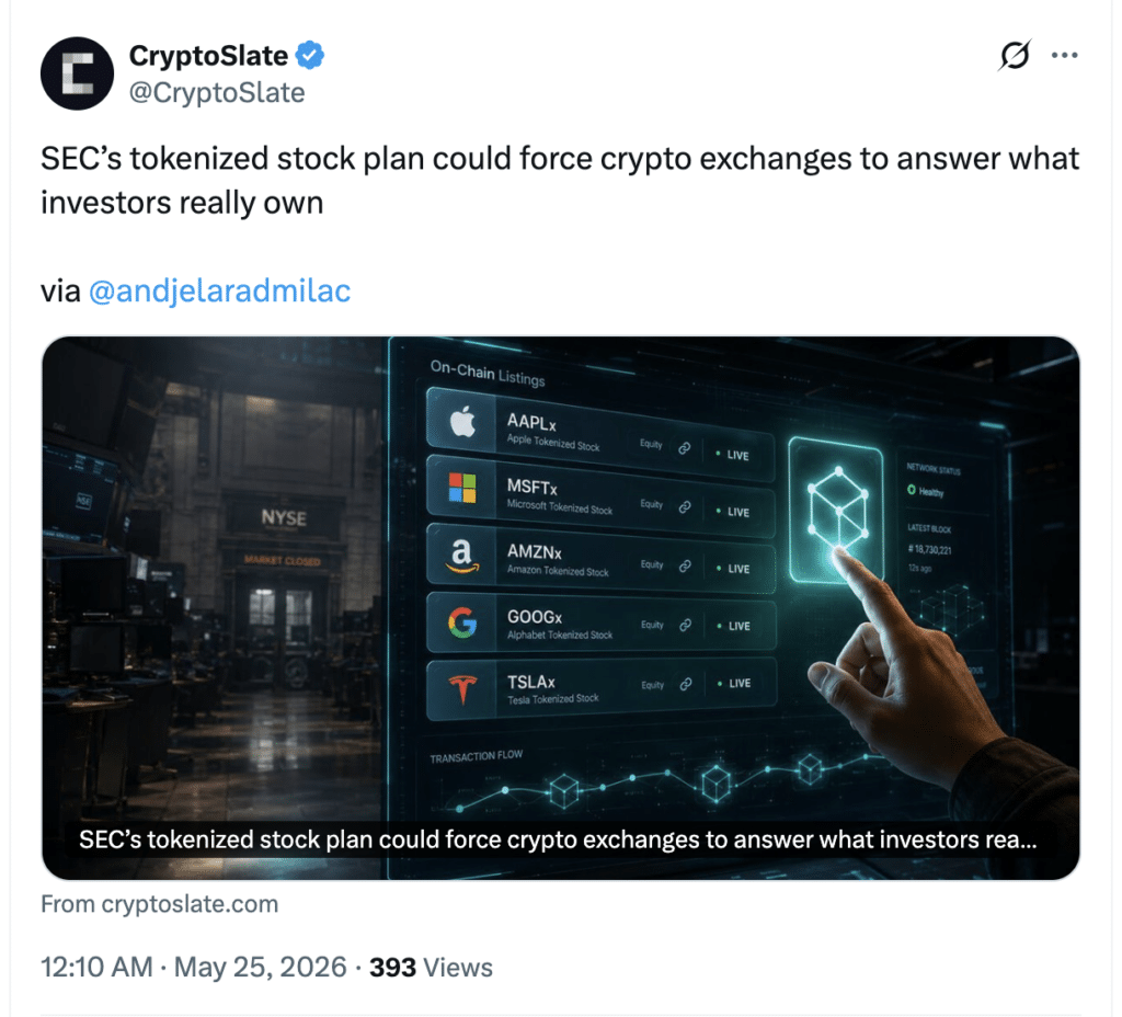 SEC tokenized stocks and crypto exchanges tokenized equities update from CryptoSlate.