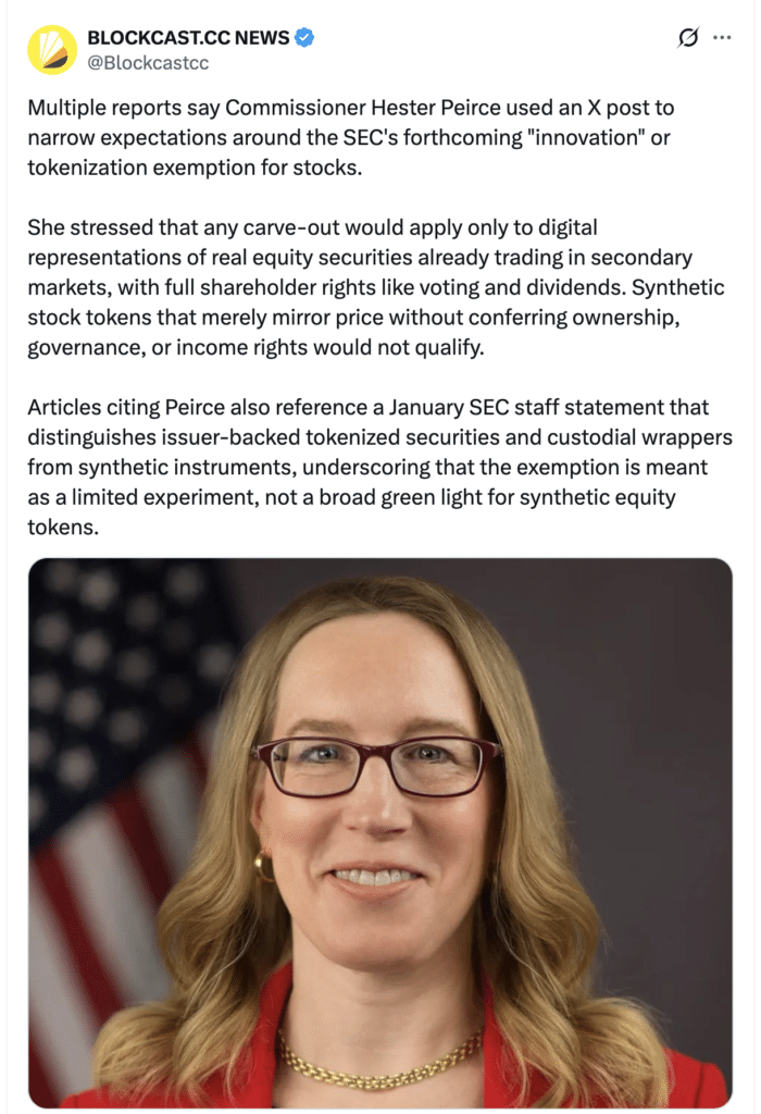 Blockcast post on SEC tokenized stocks and crypto exchanges tokenized equities update.