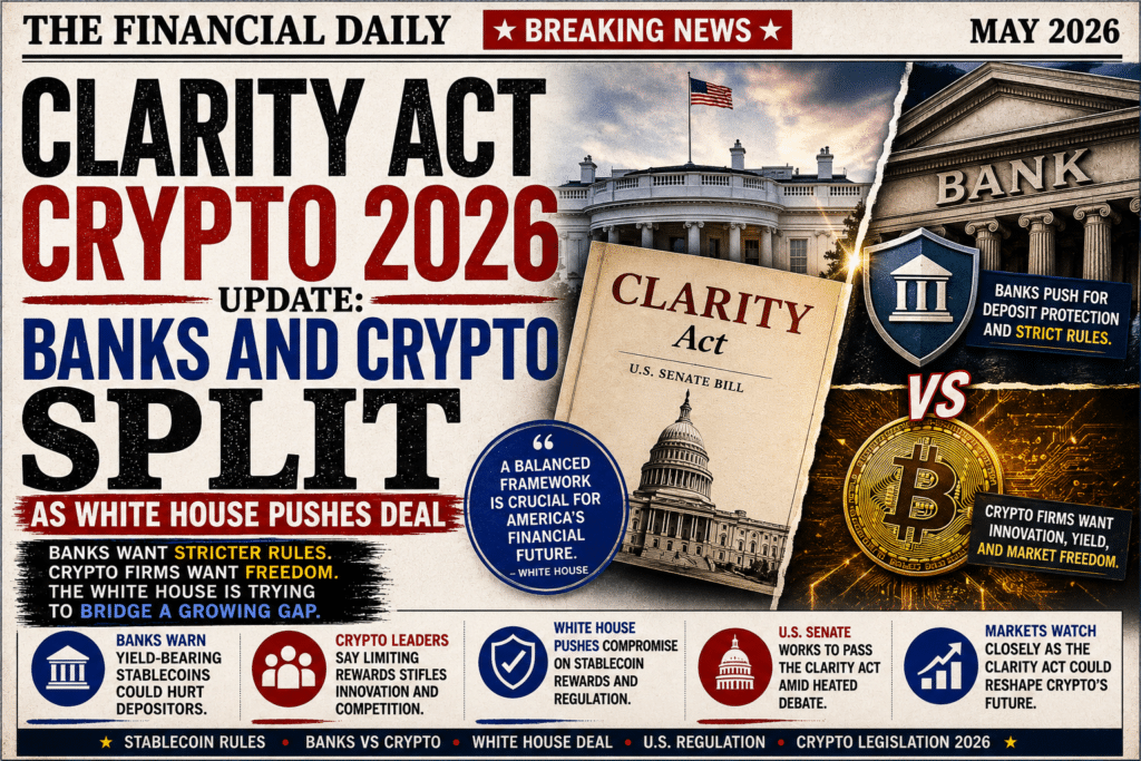 CLARITY Act crypto 2026 update: banks vs crypto split over stablecoin rules and White House deal.