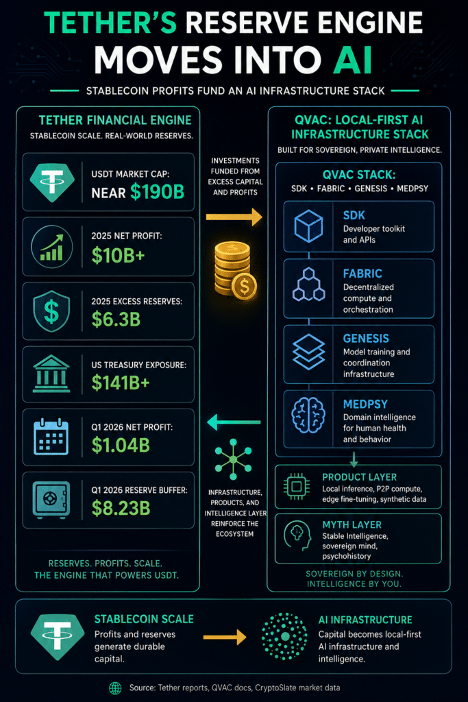 Tether infographic showing USDT profits funding decentralized AI.