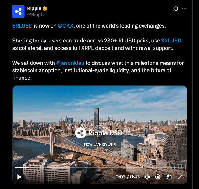 Ripple RLUSD Eyes $2B Milestone After Massive OKX Expansion