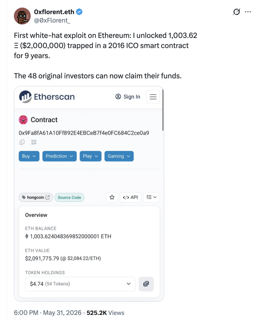 Failed Ethereum ICO Unlocks 1,003 ETH After Nine Years in HongCoin Recovery 2 Failed Ethereum ICO: 1,003 ETH locked since 2016 was successfully recovered for investors.