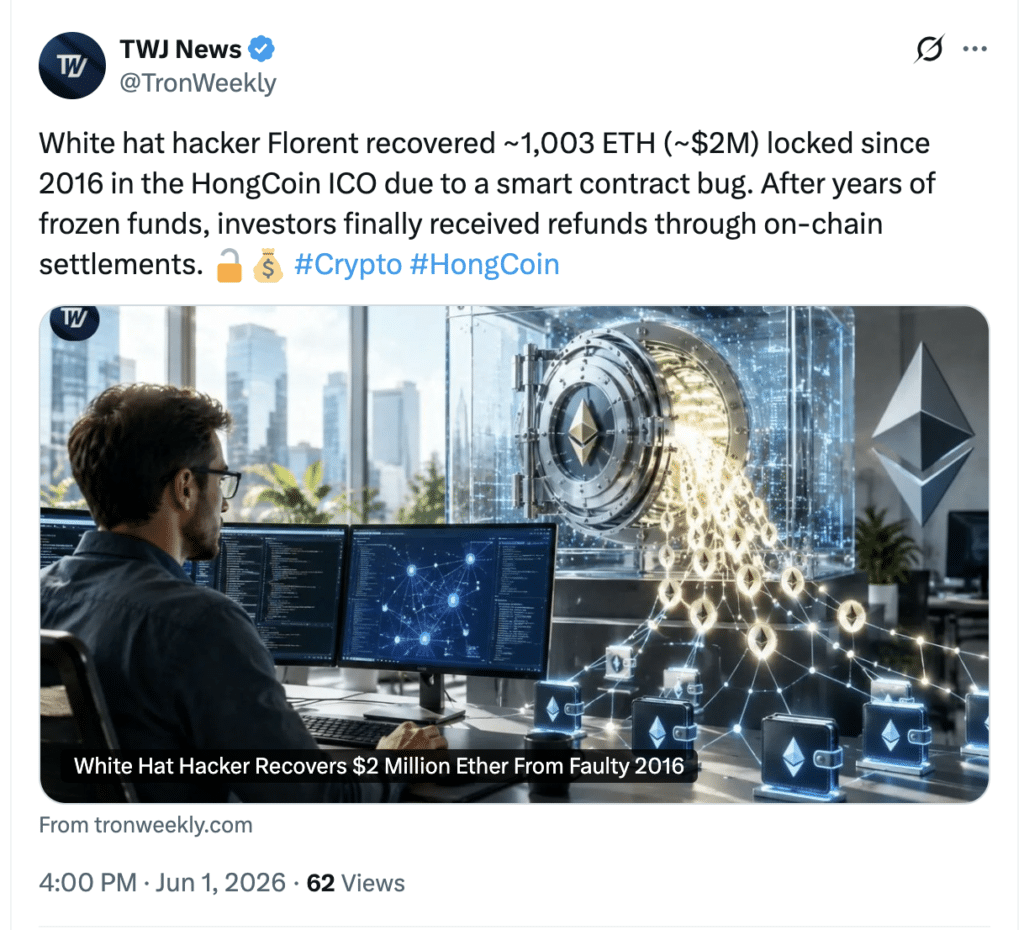 Failed Ethereum ICO Unlocks 1,003 ETH After Nine Years in HongCoin Recovery 4 Florent recovered 1,003 ETH locked in the HongCoin ICO since 2016. Source:X