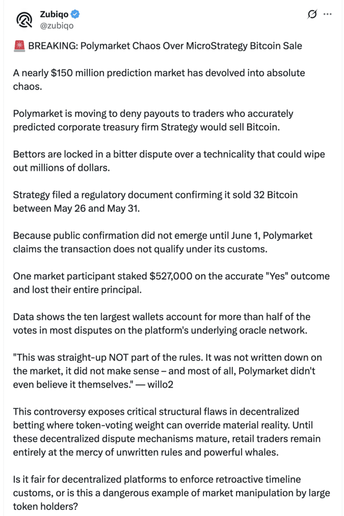 Polymarket Bet Controversy: $150M market dispute over Strategy Bitcoin sale may reward losing side.