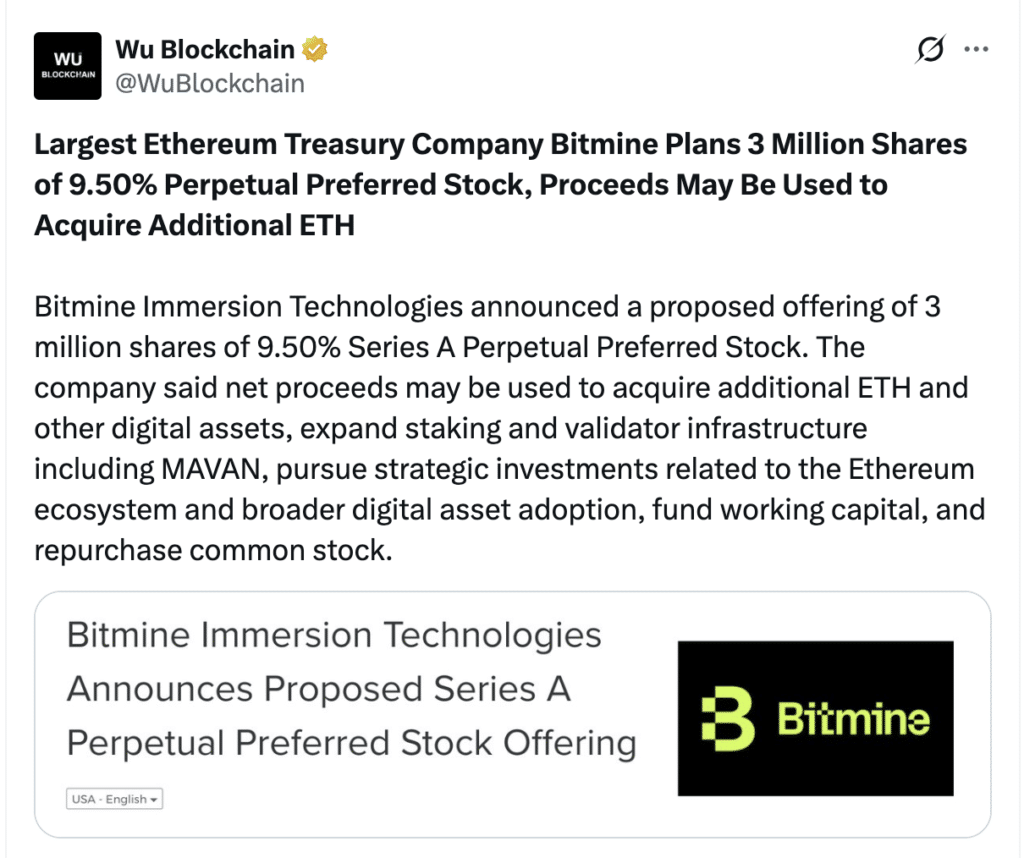 BitMine Ethereum Treasury expands ETH holdings through new preferred stock offering.