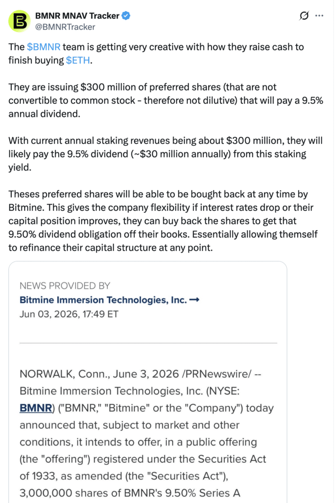 Post from BMNR Tracker highlighting BitMine treasury activity and Ethereum-related holdings update.