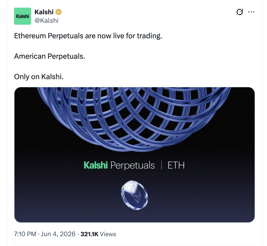 Kalshi Ethereum perpetuals launch for U.S. traders. Source: X