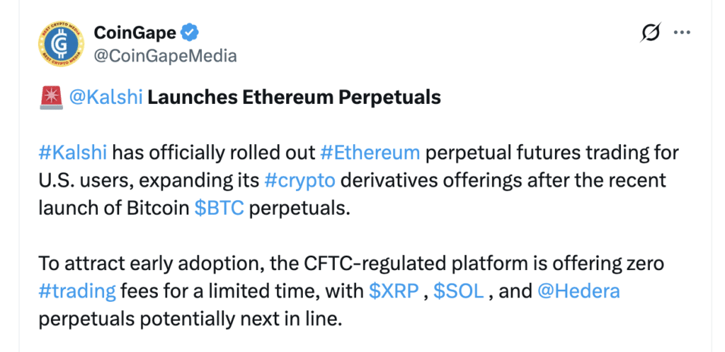 Post on X discussing Kalshi Ethereum perpetuals and crypto market movements. Source X