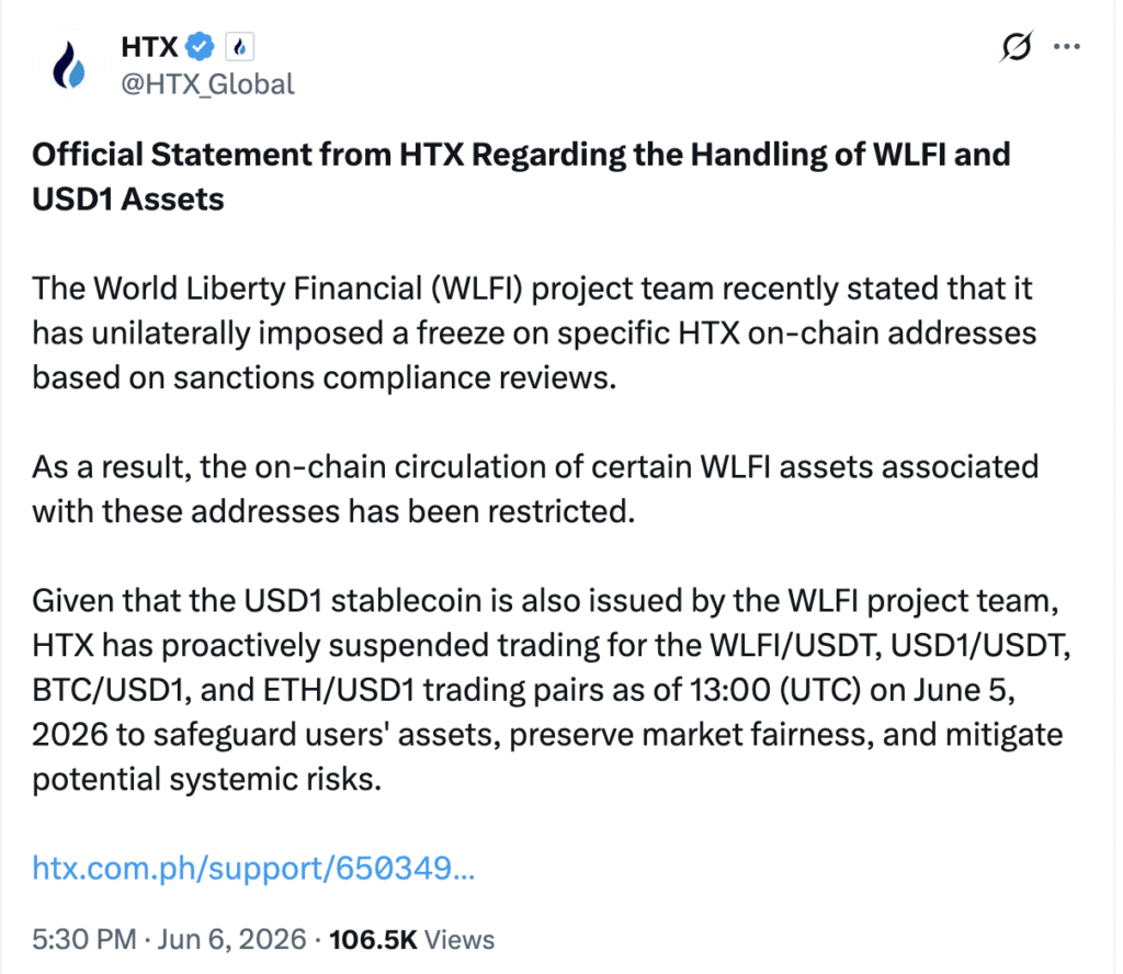 HTX post announcing HTX Delists USD1 amid freeze dispute. Source: X post
