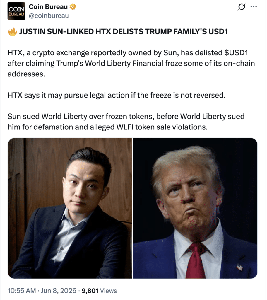 Coin Bureau post discussing HTX Delists USD1 amid Trump-linked stablecoin freeze dispute.
