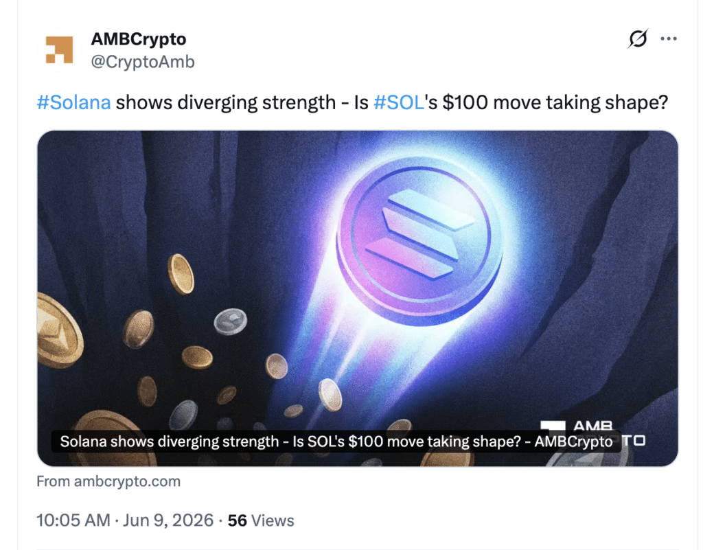 Solana price prediction highlights SOL strength and $100 breakout potential. Source: X