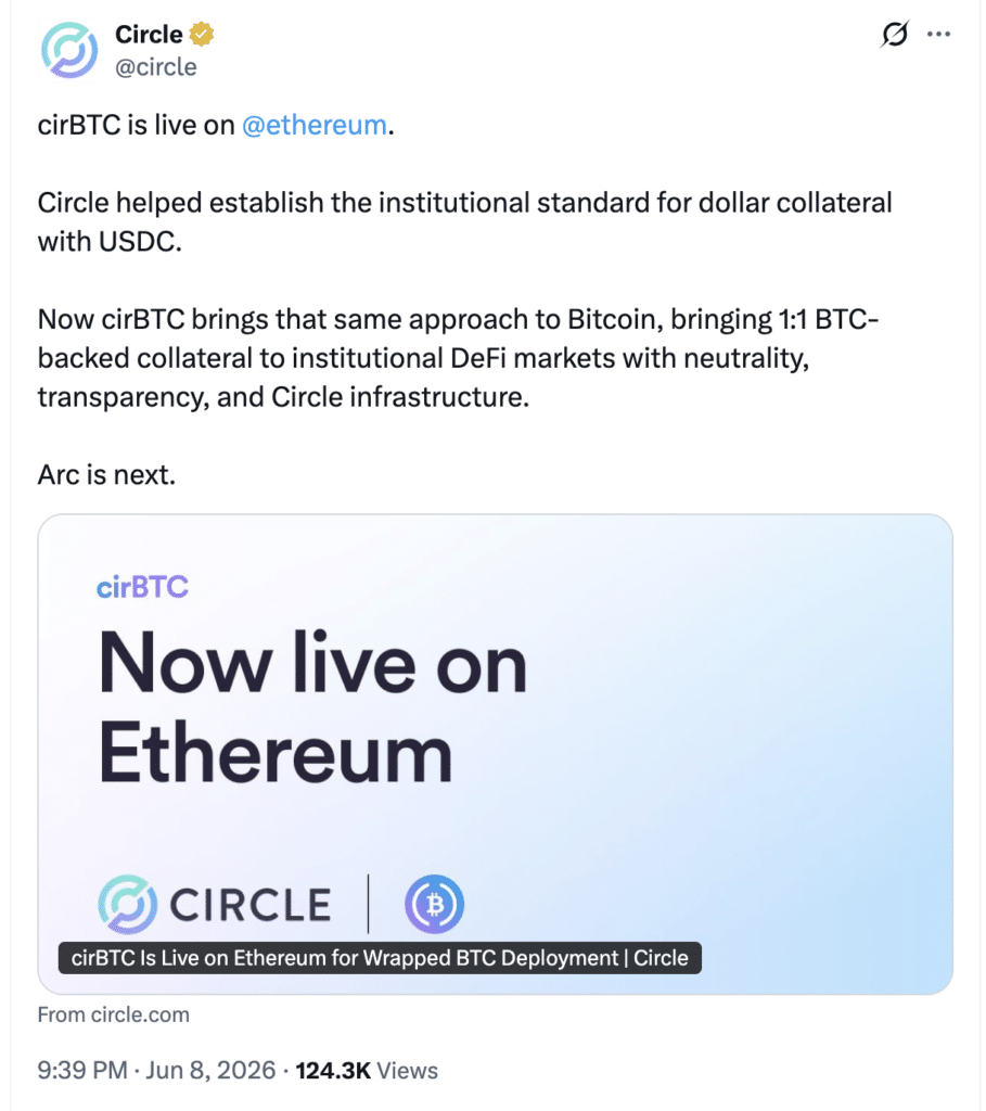 Circle Wrapped Bitcoin’s 2026 Growth Strategy Targets Institutional DeFi 2 Circle introduces Circle Wrapped Bitcoin (cirBTC) for institutional collateral use. Source: X