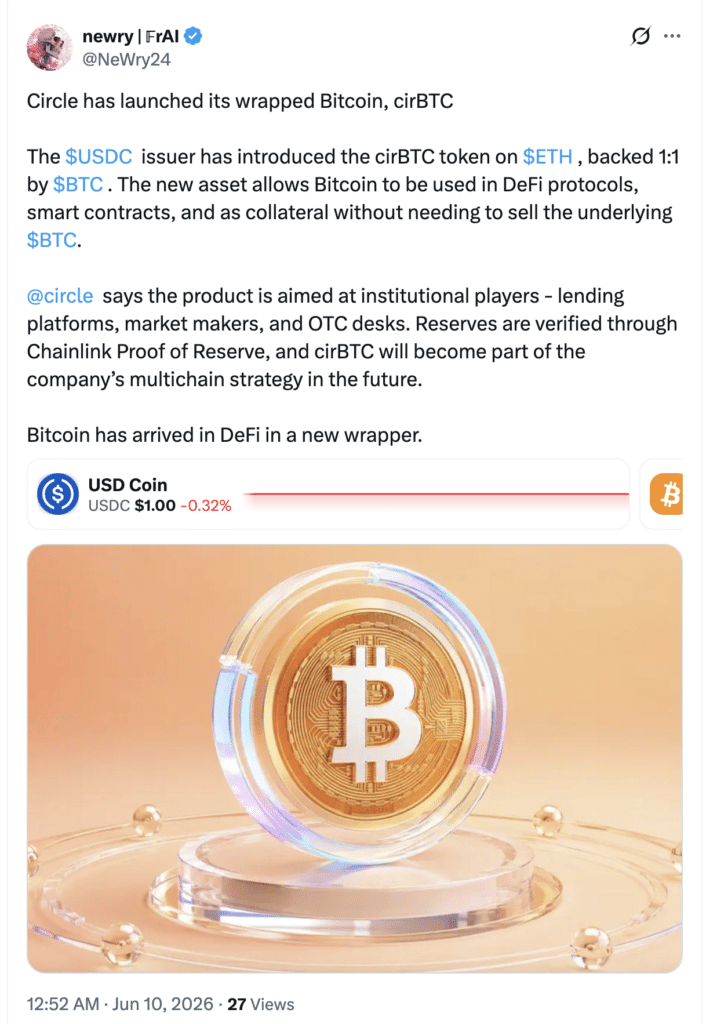 Circle Wrapped Bitcoin’s 2026 Growth Strategy Targets Institutional DeFi 3 X post by NeWry24 sharing a crypto-related update and discussion.