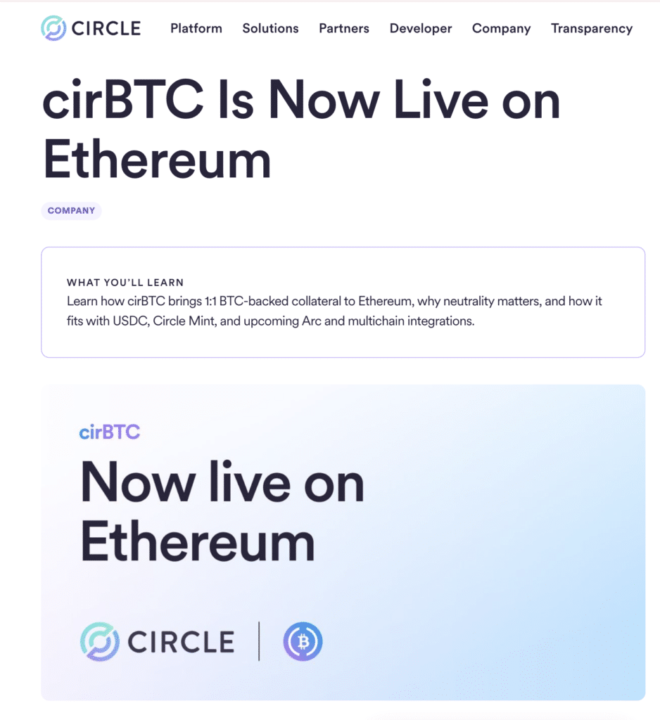 Circle Wrapped Bitcoin’s 2026 Growth Strategy Targets Institutional DeFi 4 Circle announces cirBTC is live on Ethereum as a 1:1 Bitcoin-backed asset. Source: Circle