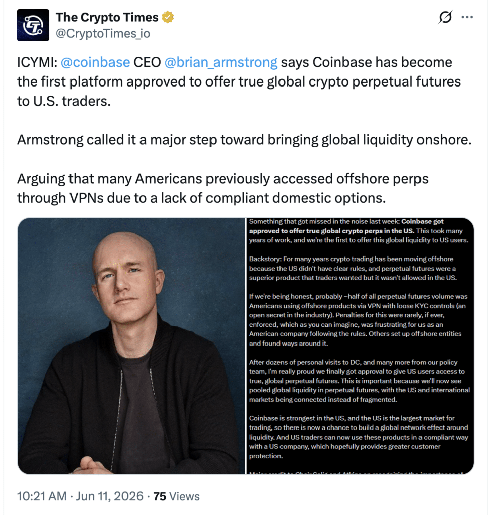 Coinbase Perpetual Futures Create a Powerful 2026 Advantage in Global Crypto Trading 8 Coinbase perpetual futures expand U.S. access to global crypto derivatives markets. Source: X