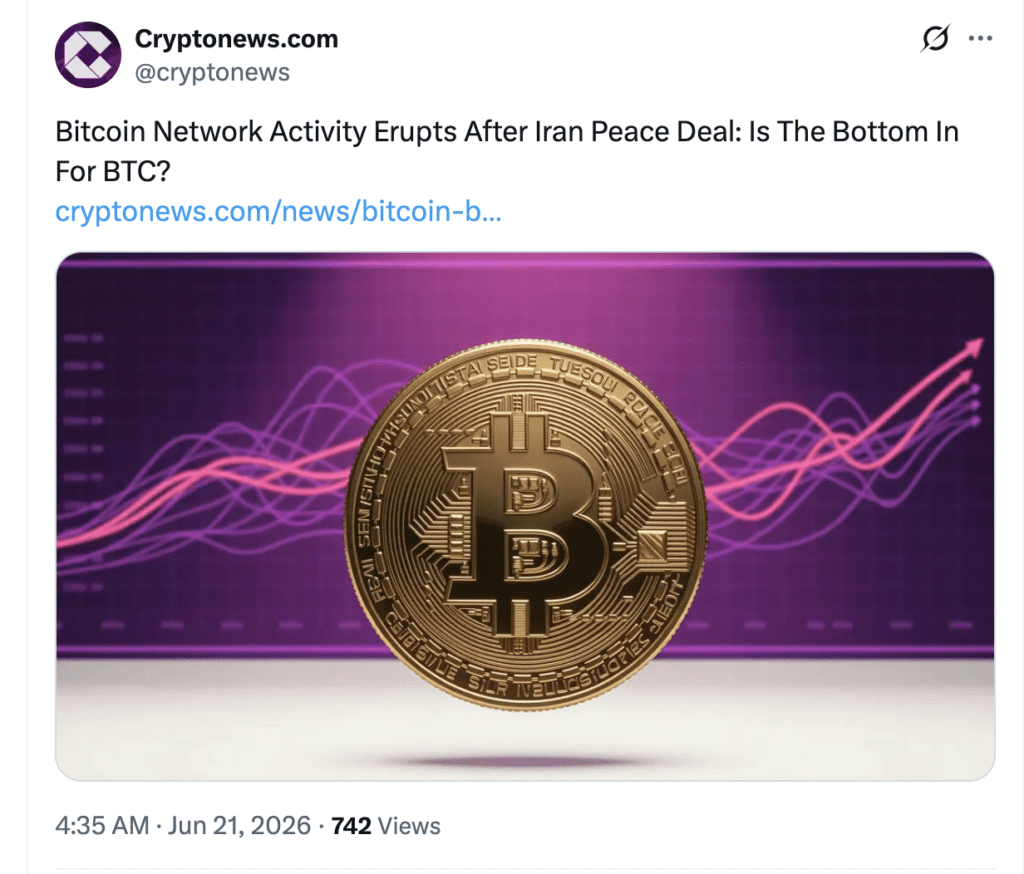 Bitcoin bull phase heats up as network activity surges after Iran peace deal. Source X