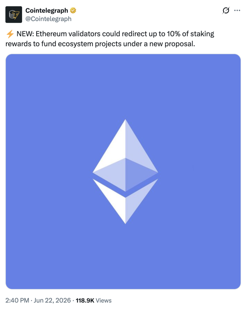 Ethereum staking rewards proposal and ecosystem funding discussion.