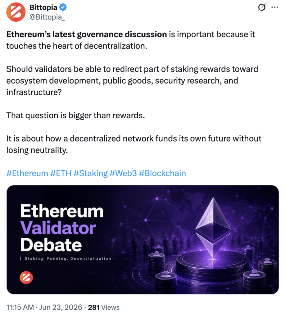 Ethereum governance proposal and staking rewards debate.