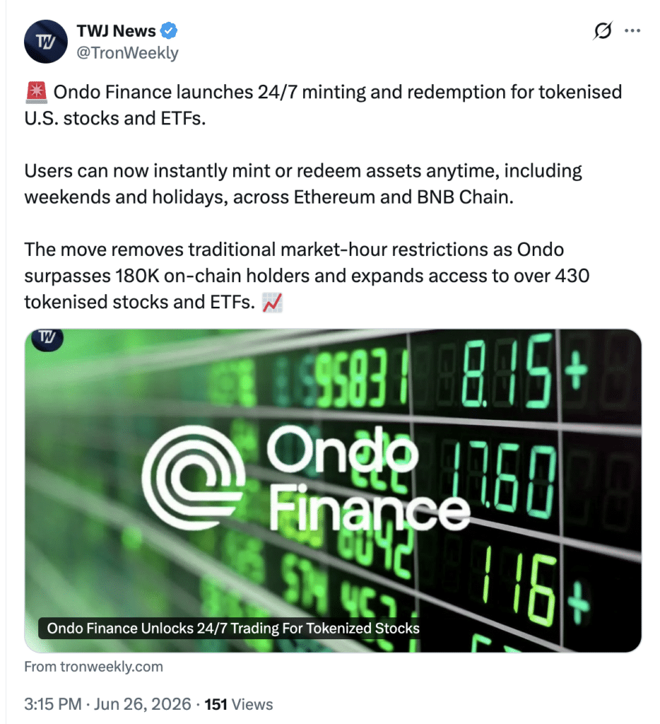 Ondo tokenized stocks now support 24/7 mint and redeem.