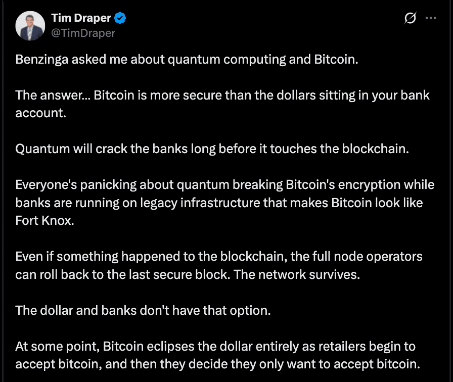 Bitcoin Quantum Threat Debate Grows as Tim Draper Says Banks Face Bigger Risk 8 Tim Draper Says Banks Face a Bigger Quantum Threat Than Bitcoin