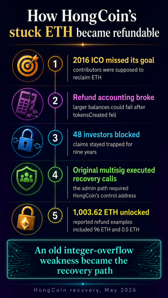 Failed Ethereum ICO Unlocks 1,003 ETH After Nine Years in HongCoin Recovery 3 Infographic on HongCoin 2016 ICO ETH refund recovery steps.