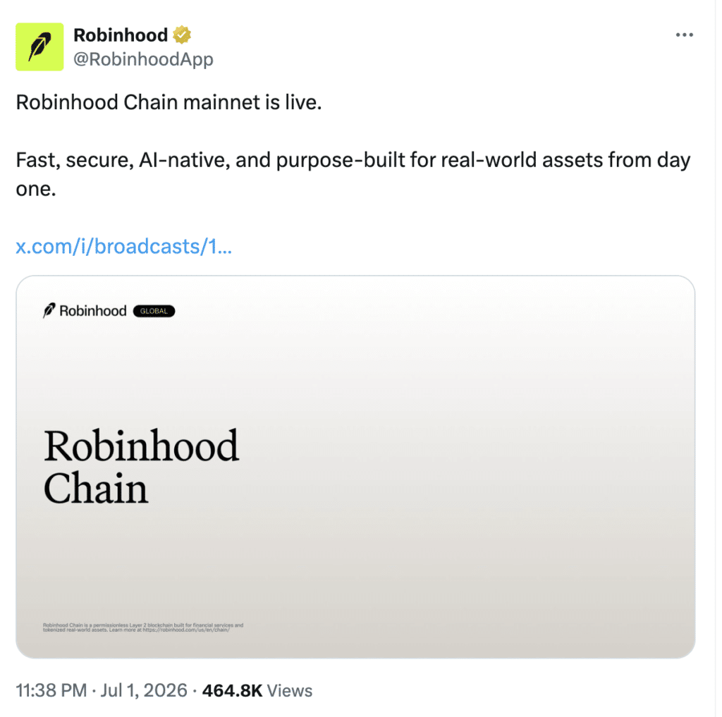 Robinhood Layer 2 Mainnet launches tokenized stocks. Source X