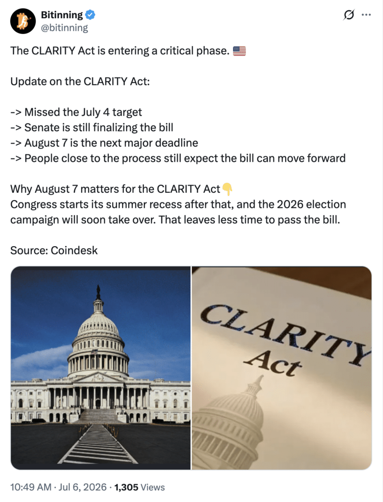 CLARITY Act Deadline Moves to Aug. 7 After July 4 Target Falls Short 10 CLARITY Act faces Aug. 7 Senate deadline after July 4 delay. Source X
