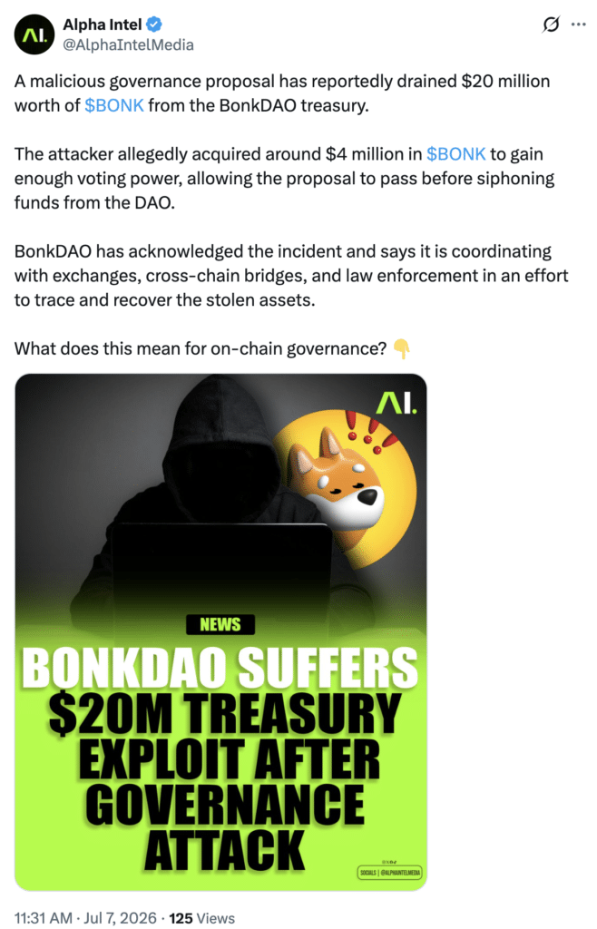 Bonk treasury drain sparks $20M DAO security crisis.