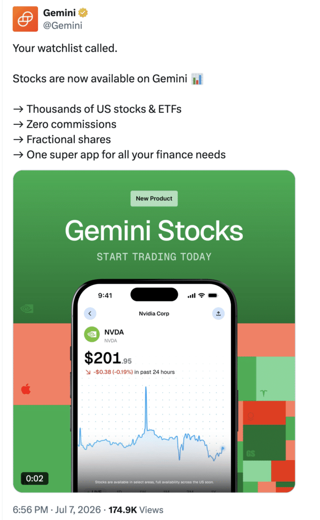 Gemini stock trading launches commission-free U.S. investing.