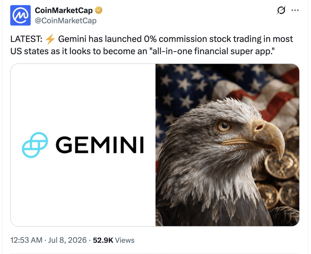 Gemini stock trading launches with 0% commissions.